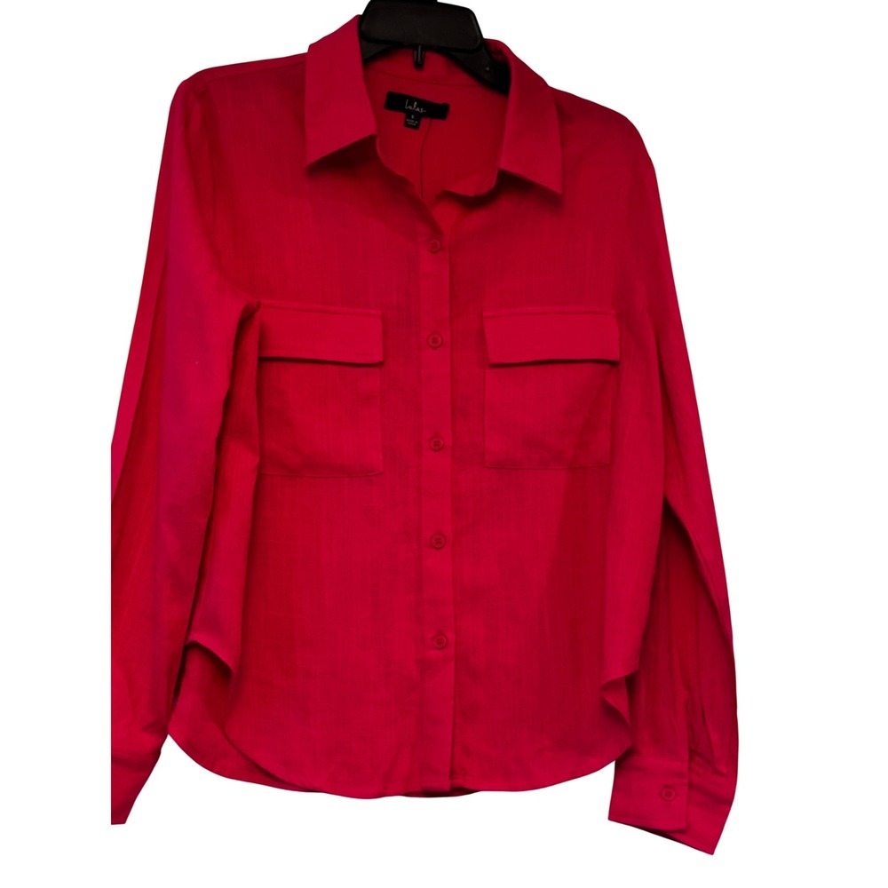 Lulus Pink Linen Blend Button Down Shirt Long Sleeve Pocket Top Small NWT